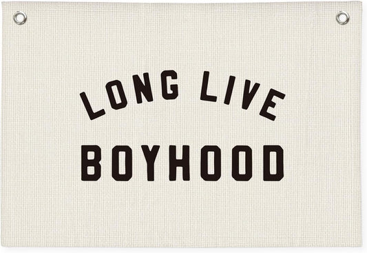 "Long Live Boyhood" Wall Banner 20x30 Inch - Boys Room Decor, Linen Canvas Wall Hanging for Toddler Playroom, Rustic Nursery Sign, Adventure Theme Kids Bedroom Banner - White