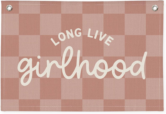 "Long Live Girlhood" Linen Canvas Wall Hanging 20x30 Inch - Pink Buffalo Check Girls Nursery & Toddler Room Decor, Banner Flag for Playroom Wall Art